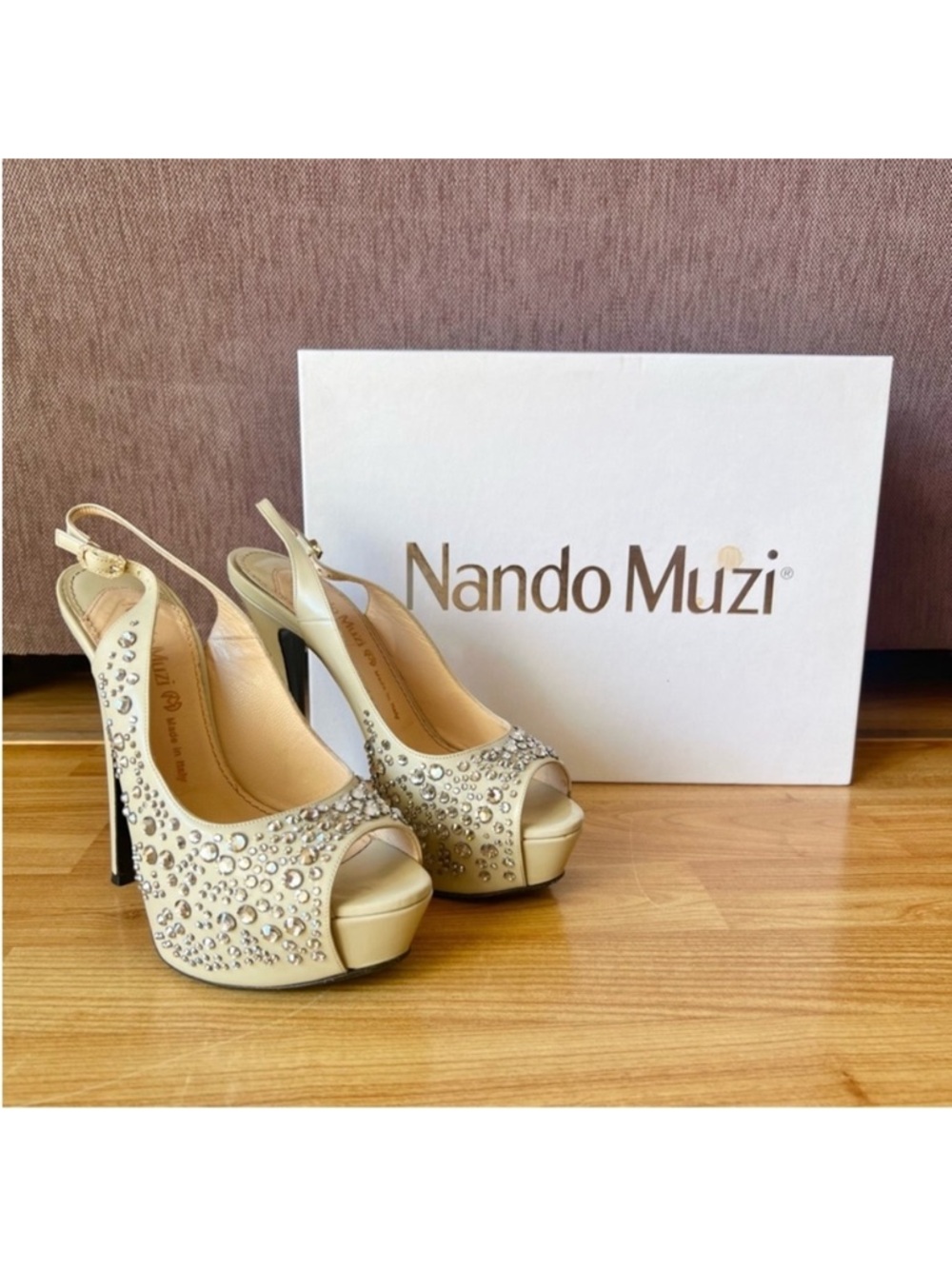Nando Muzi Ivory Crystal-Embellished Peep-Toe Slingback Heels